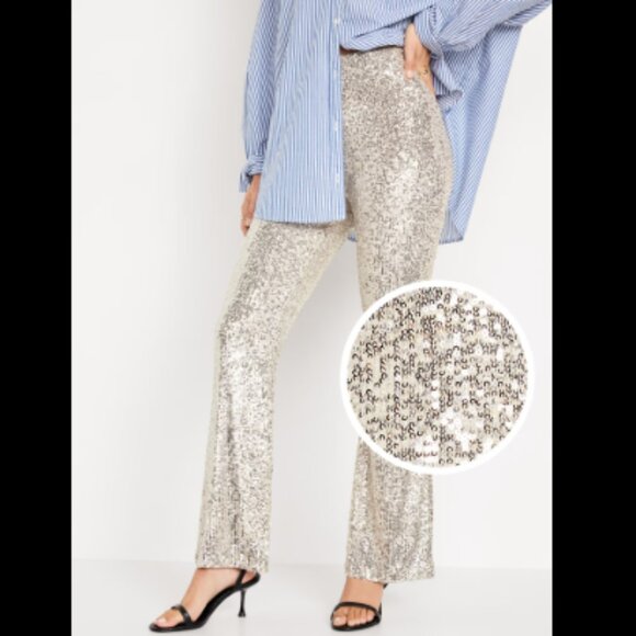 Old Navy High Waisted Flare Leg Sequin Pants Size Large Petite Women's - Picture 1 of 6